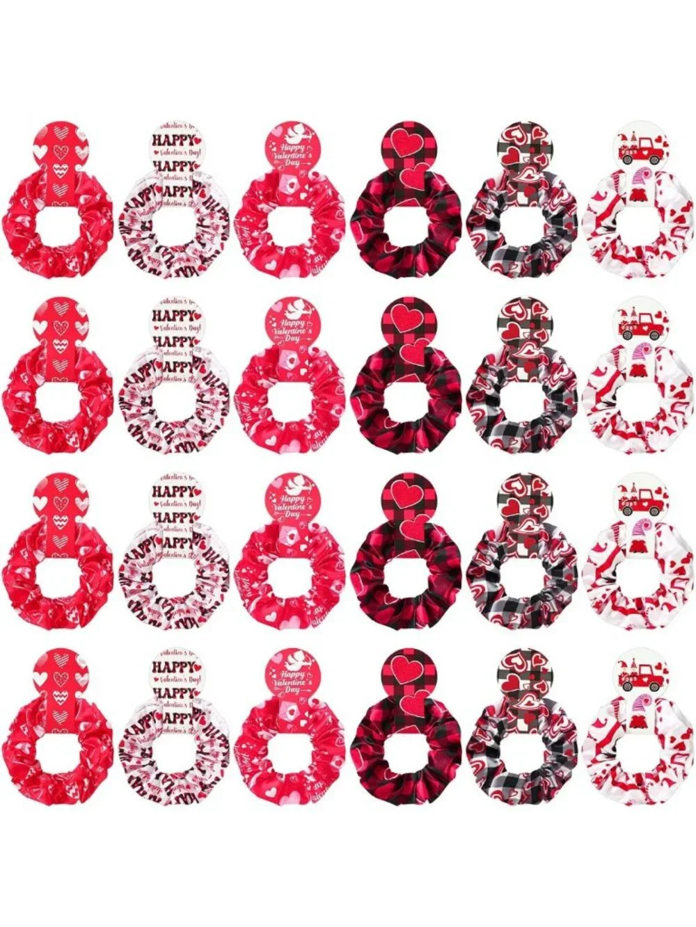 24 Pcs Valentine's Day Hair Scrunchies - Red Heart & Pink Satin Elastic Ties